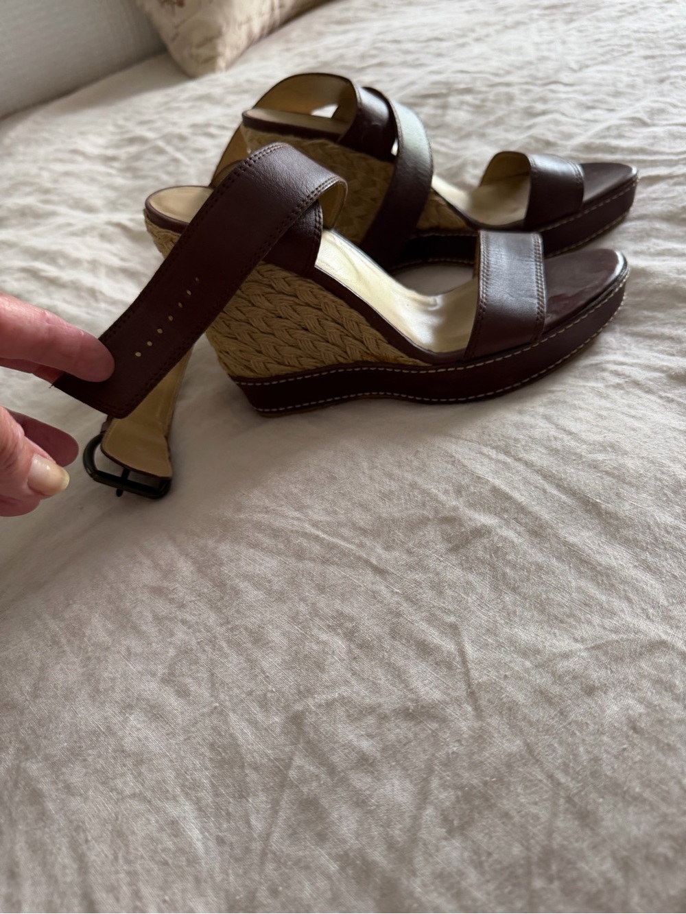 Stuart Weitzman Brown Leather Wedge Sandals with Braided Espadrille Heel